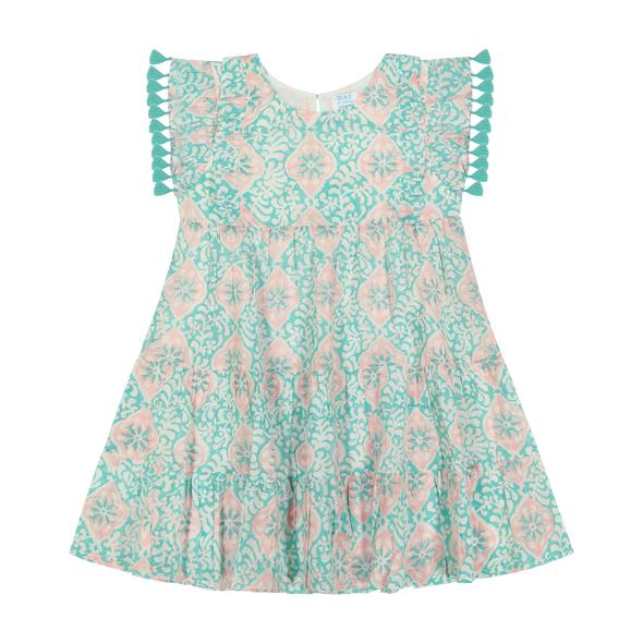 Mer St Barth Sophie Girls Tassel Dress in Aqua Pink Floral