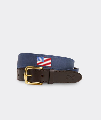 Vineyard Vines Leather American Flag Club Belt in Vineyard Navy