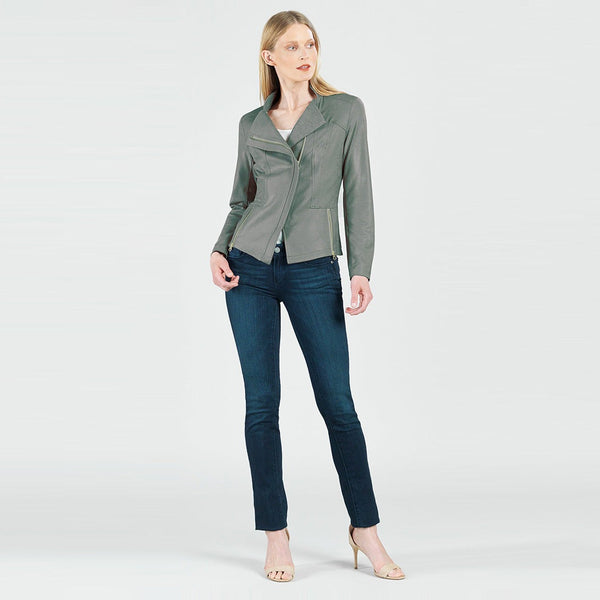 Clara Sun Woo Liquid Leather Double Zip Jacket In Olive