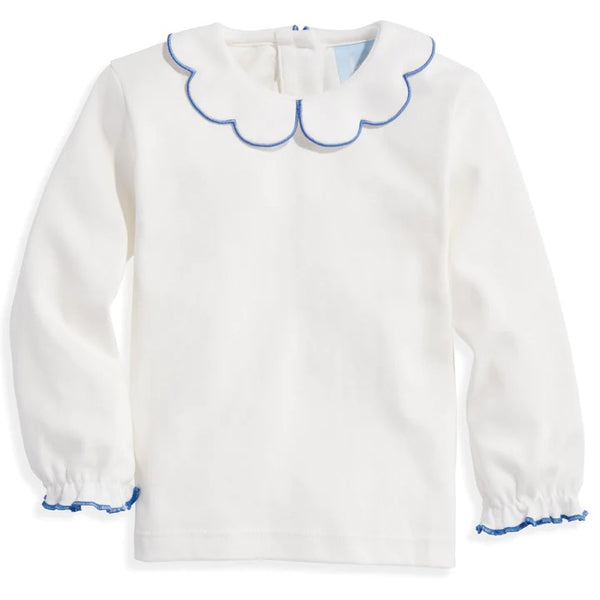 Bella Bliss Pima Scallop Collar Long Sleeve Tee in Ivory with Sapphire