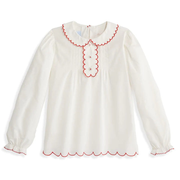 Bella Bliss Scallop Trim Blouse Ivory with Red Trim