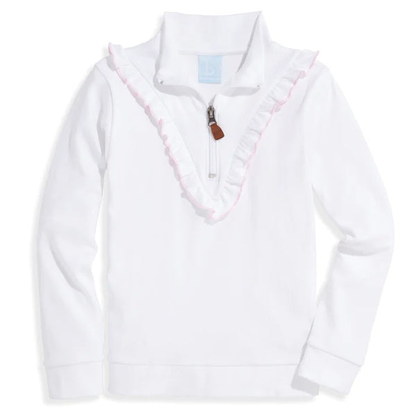 Bella Bliss Ruffled Pima Half Zip In White with Pink