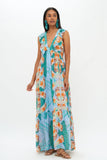 Oliphant Palmetto Ruffle V-Neck Maxi Dress in Blue
