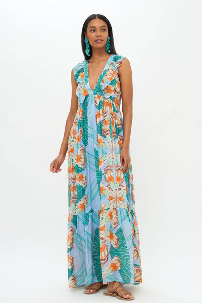Oliphant Palmetto Ruffle V-Neck Maxi Dress in Blue