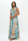Oliphant Palmetto Ruffle V-Neck Maxi Dress in Blue