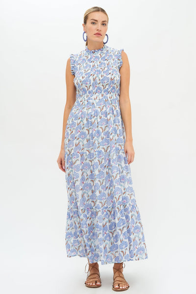 Oliphant Lucia Sleeveless Smocked Maxi Dress in Blue