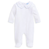 Bella Bliss Embroidered Collared Pima Footie In White with Blue Hearts