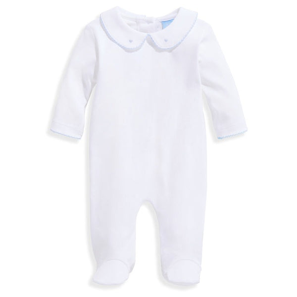 Bella Bliss Embroidered Collared Pima Footie In White with Blue Hearts