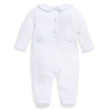 Bella Bliss Embroidered Collared Pima Footie In White with Blue Hearts