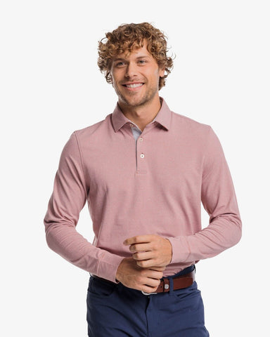 Southern Tide Mens Long Sleeve Ryder Ridgeway Stripe Performance Heather Polo in Dusty Coral