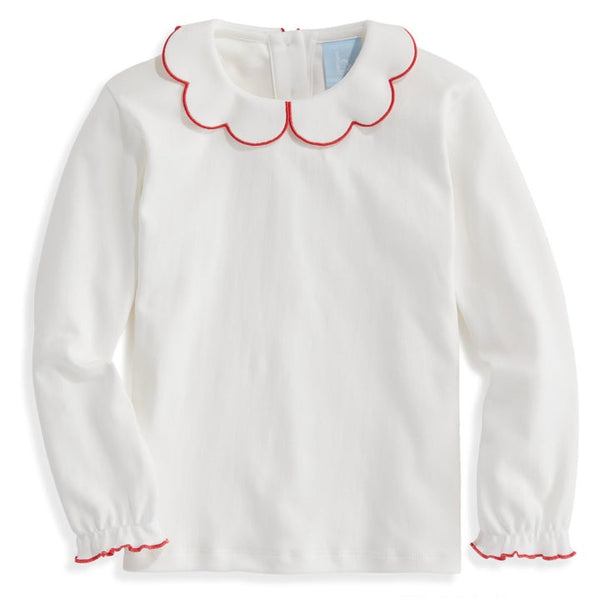Bella Bliss Long Sleeve Pima Scallop Top Ivory with Red