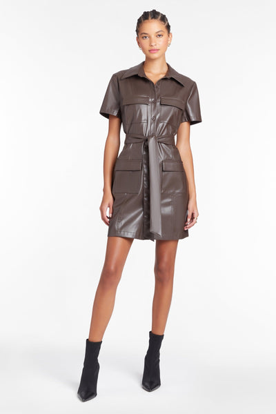 Amanda Uprichard Short Sleeve Greyson Dress in Faux Leather Cocoa