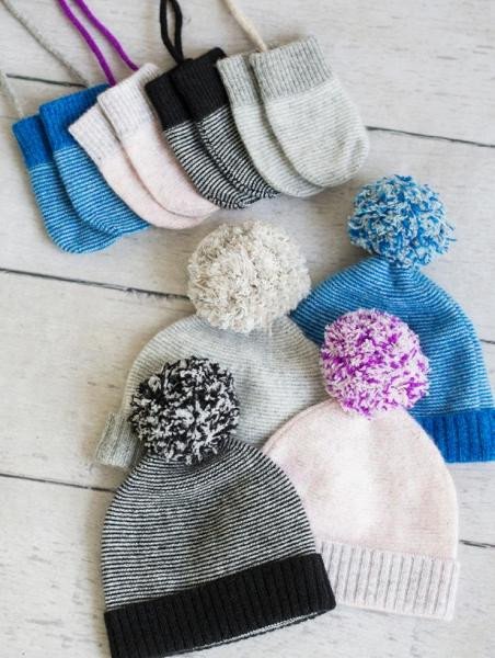 Stripe Pom Pom Hat & Mittens in Juniper Multi